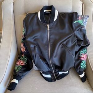 Bebe Black Bomber Jacket with Floral Sleeves